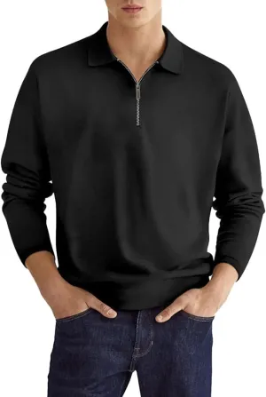 Men's Quarter Zip Long Sleeve Sport Polo Shirt Casual Zipper Collar Golf Sweaters Business Slim Fit Sweatershirt