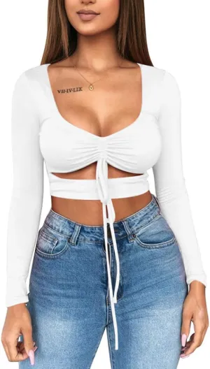 Mizoci Women's Sexy Ruched Tie Up Crop Top Basic Long Sleeve Cut Out T Shirt