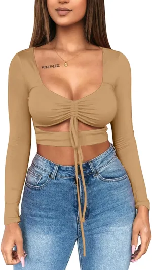 Mizoci Women's Sexy Ruched Tie Up Crop Top Basic Long Sleeve Cut Out T Shirt