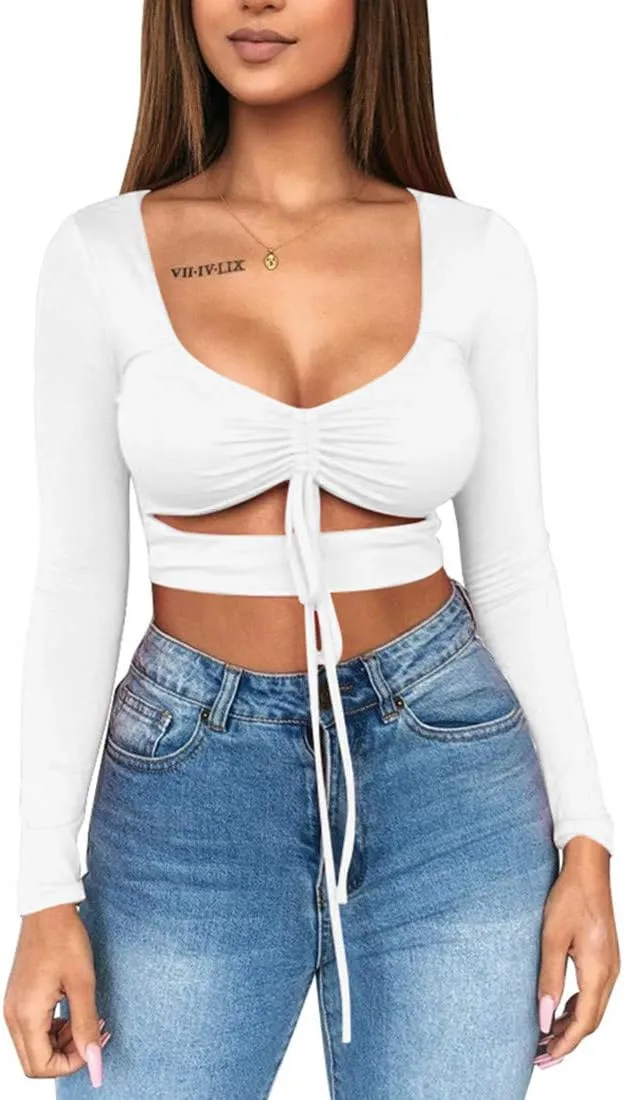 Mizoci Women's Sexy Ruched Tie Up Crop Top Basic Long Sleeve Cut Out T Shirt