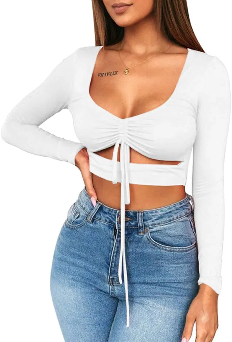 Mizoci Women's Sexy Ruched Tie Up Crop Top Basic Long Sleeve Cut Out T Shirt