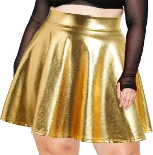 Moon Wood Women's Plus Size Sparkly Metallic Flared Pleated Mini Skater Skirt