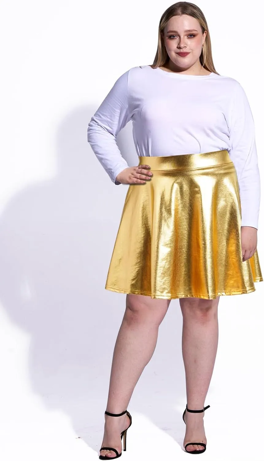 Moon Wood Women's Plus Size Sparkly Metallic Flared Pleated Mini Skater Skirt