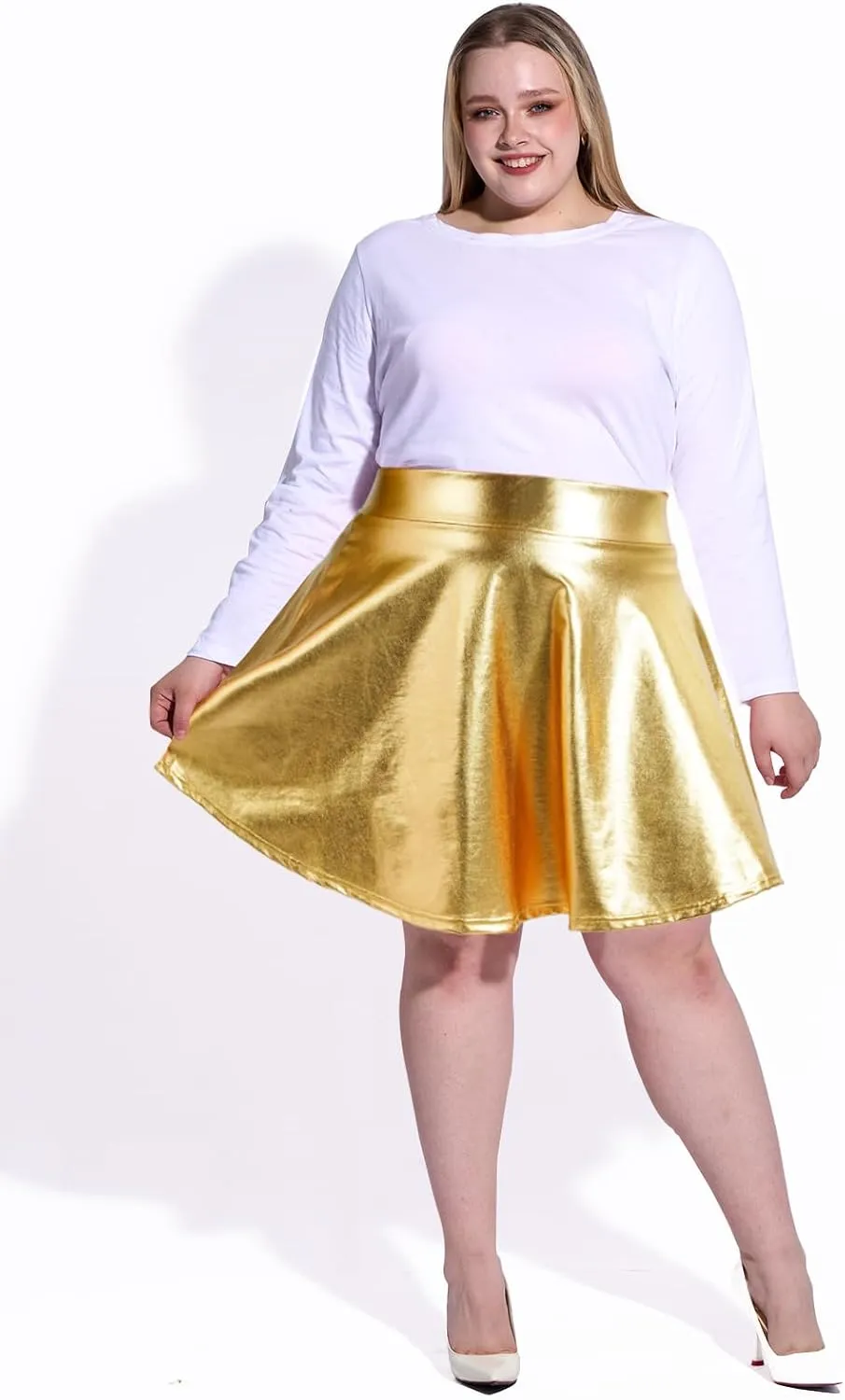 Moon Wood Women's Plus Size Sparkly Metallic Flared Pleated Mini Skater Skirt