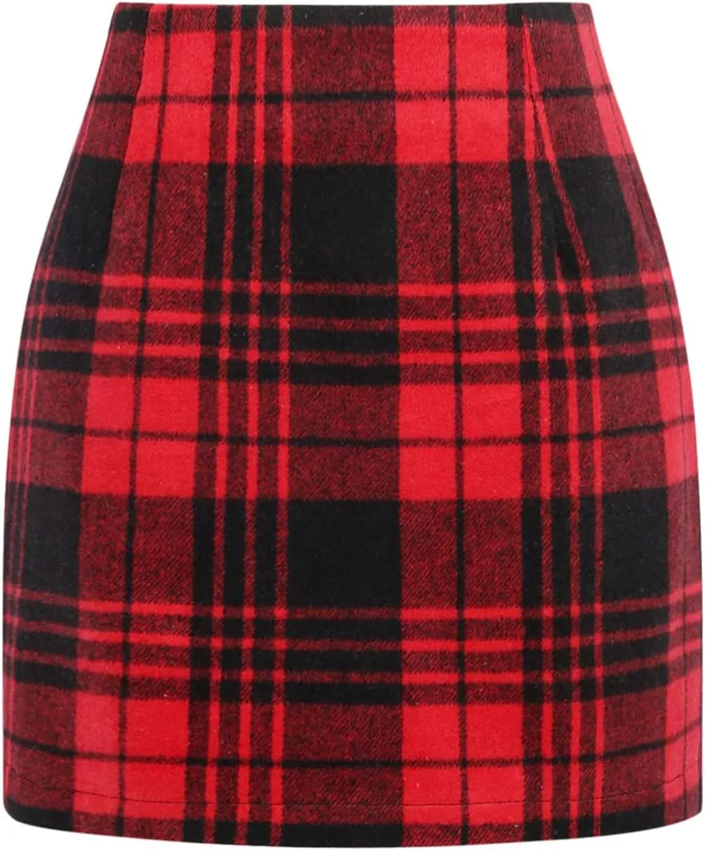 Plaid Mini Skirts for Womens High Waisted Fall Winter Wool Bodycon Pencil Skirts with Slit