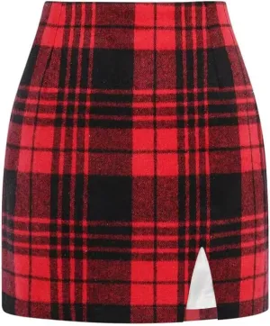 Plaid Mini Skirts for Womens High Waisted Fall Winter Wool Bodycon Pencil Skirts with Slit