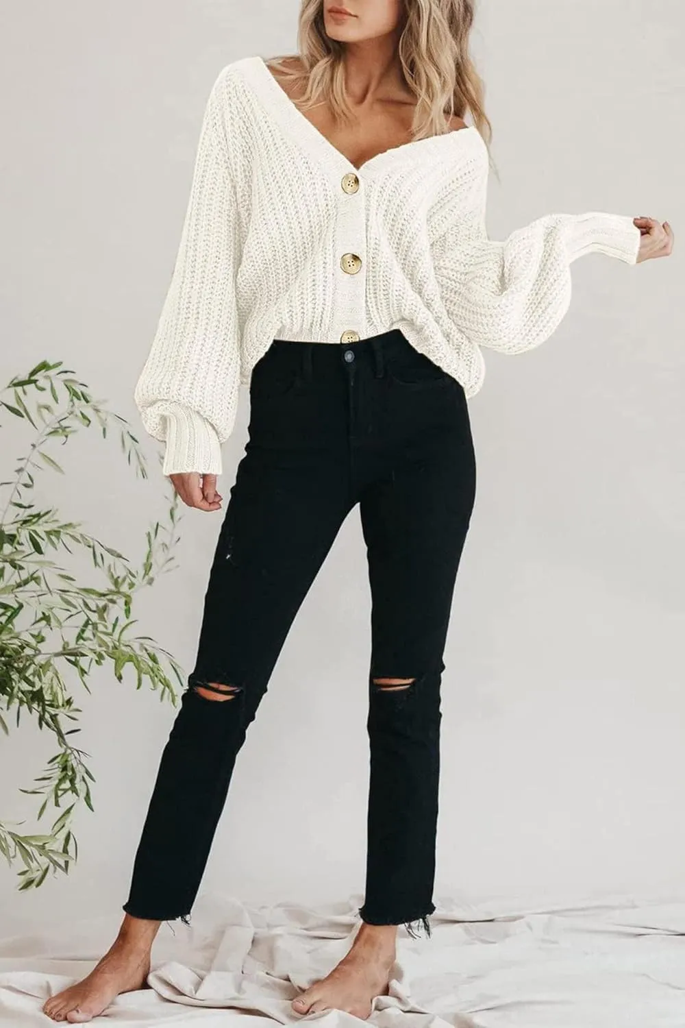 PRETTYGARDEN Women's Chunky Knit Open Front Sweater Long Sleeve Button Loose Short Cardigan Outerwear Coats