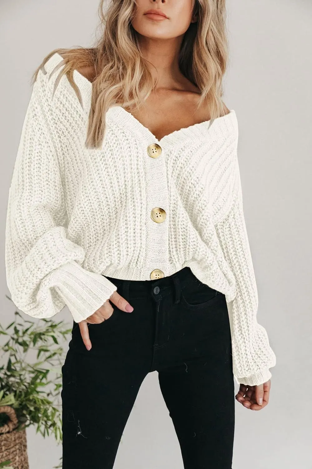 PRETTYGARDEN Women's Chunky Knit Open Front Sweater Long Sleeve Button Loose Short Cardigan Outerwear Coats