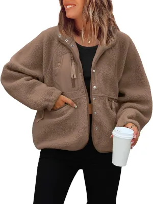 ReachMe Womens Sherpa Jacket Casual Lapel Button Down Cropped Fuzzy Fleece Jackets Long Sleeve Winter Coats with Pockets