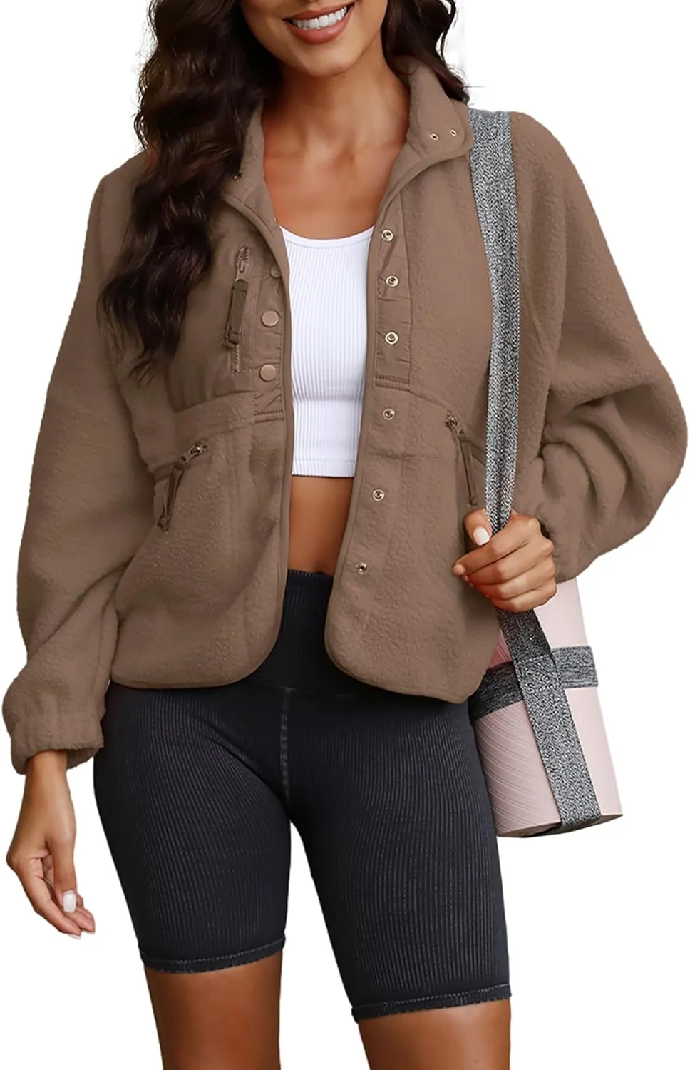 ReachMe Womens Sherpa Jacket Casual Lapel Button Down Cropped Fuzzy Fleece Jackets Long Sleeve Winter Coats with Pockets