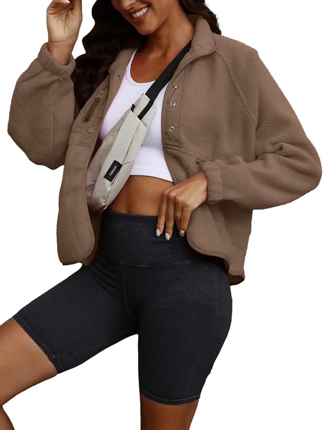 ReachMe Womens Sherpa Jacket Casual Lapel Button Down Cropped Fuzzy Fleece Jackets Long Sleeve Winter Coats with Pockets