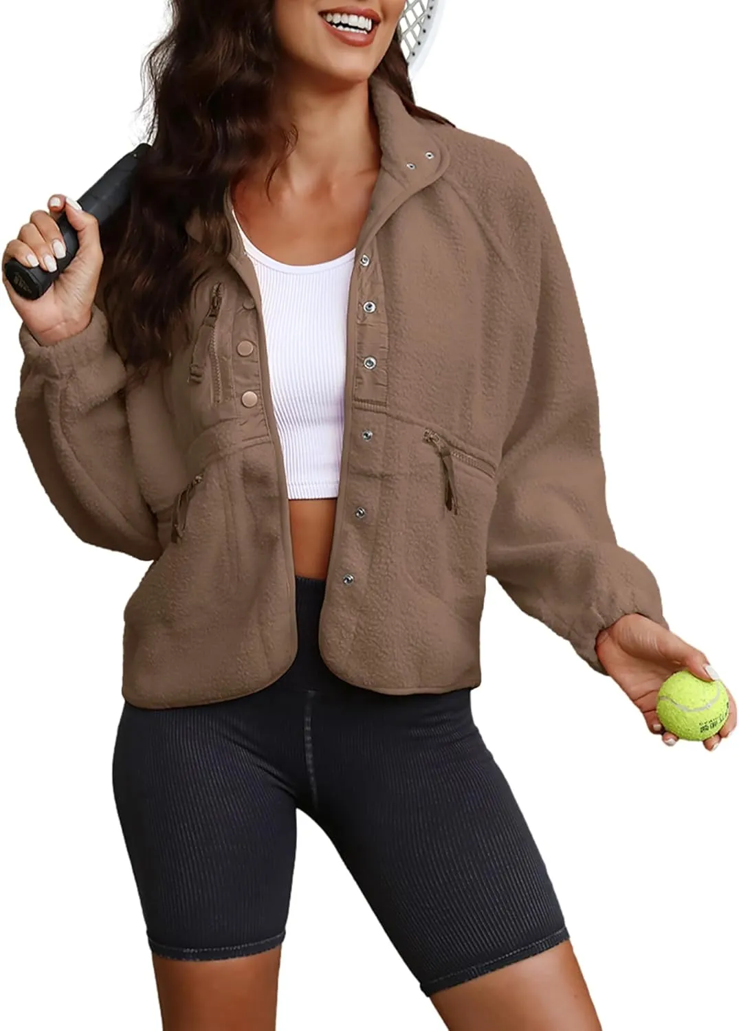 ReachMe Womens Sherpa Jacket Casual Lapel Button Down Cropped Fuzzy Fleece Jackets Long Sleeve Winter Coats with Pockets