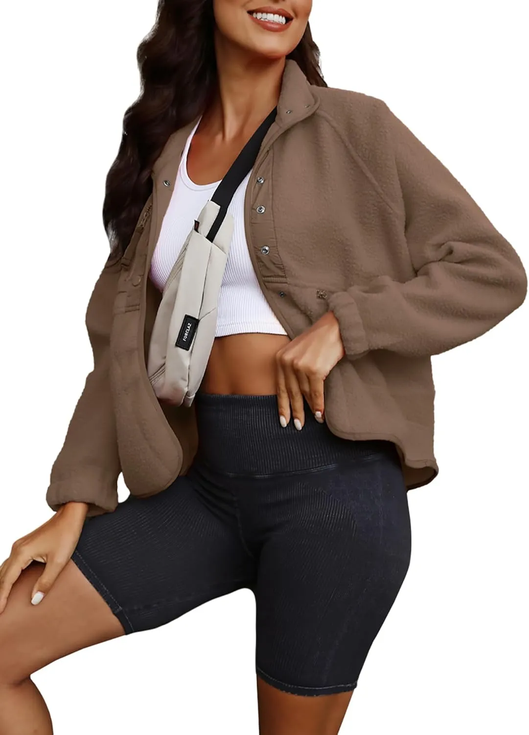 ReachMe Womens Sherpa Jacket Casual Lapel Button Down Cropped Fuzzy Fleece Jackets Long Sleeve Winter Coats with Pockets