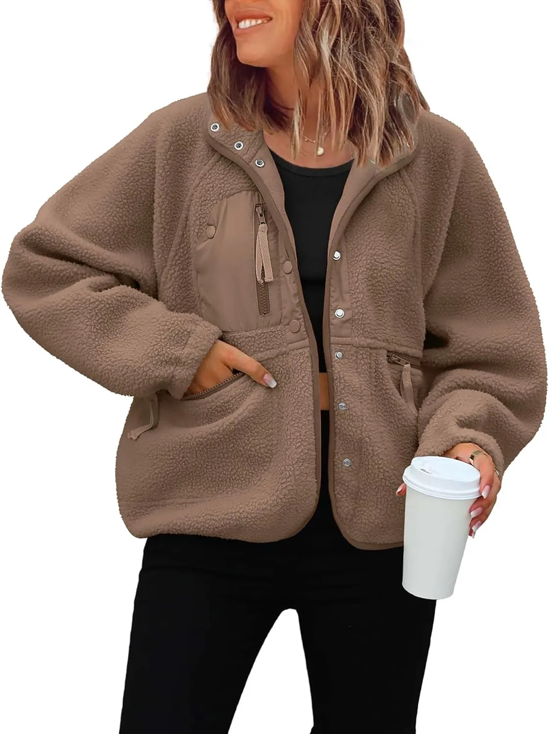 ReachMe Womens Sherpa Jacket Casual Lapel Button Down Cropped Fuzzy Fleece Jackets Long Sleeve Winter Coats with Pockets