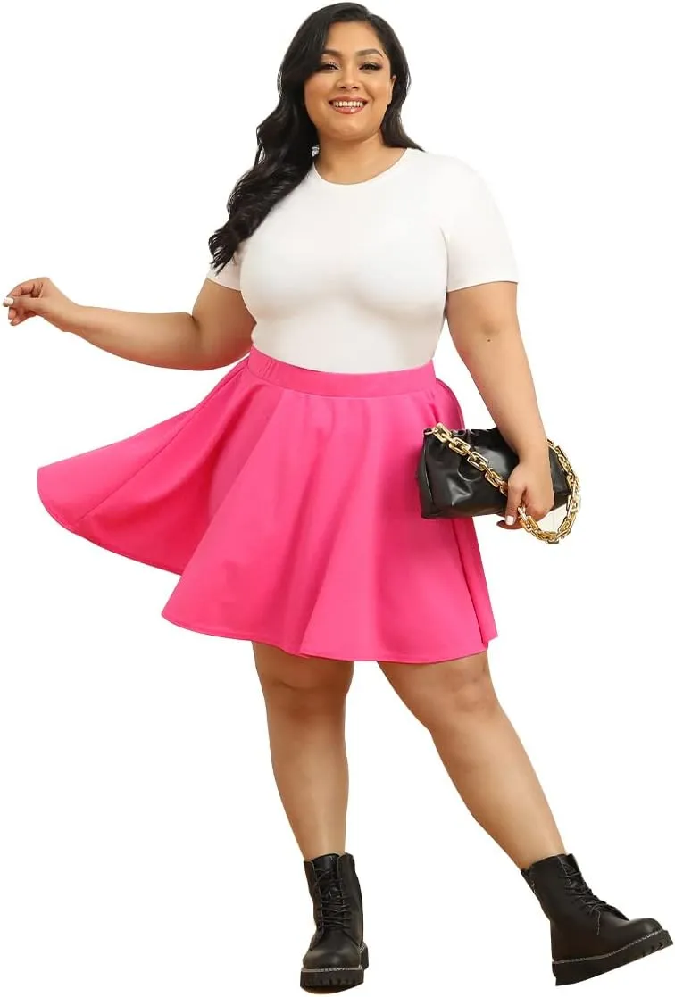 RITERA Plus Size Basic Versatile Stretchy Elastic Waist Flared Casual Mini Skater Skirt/Pleated Plaid Skirt for Women XL-5XL