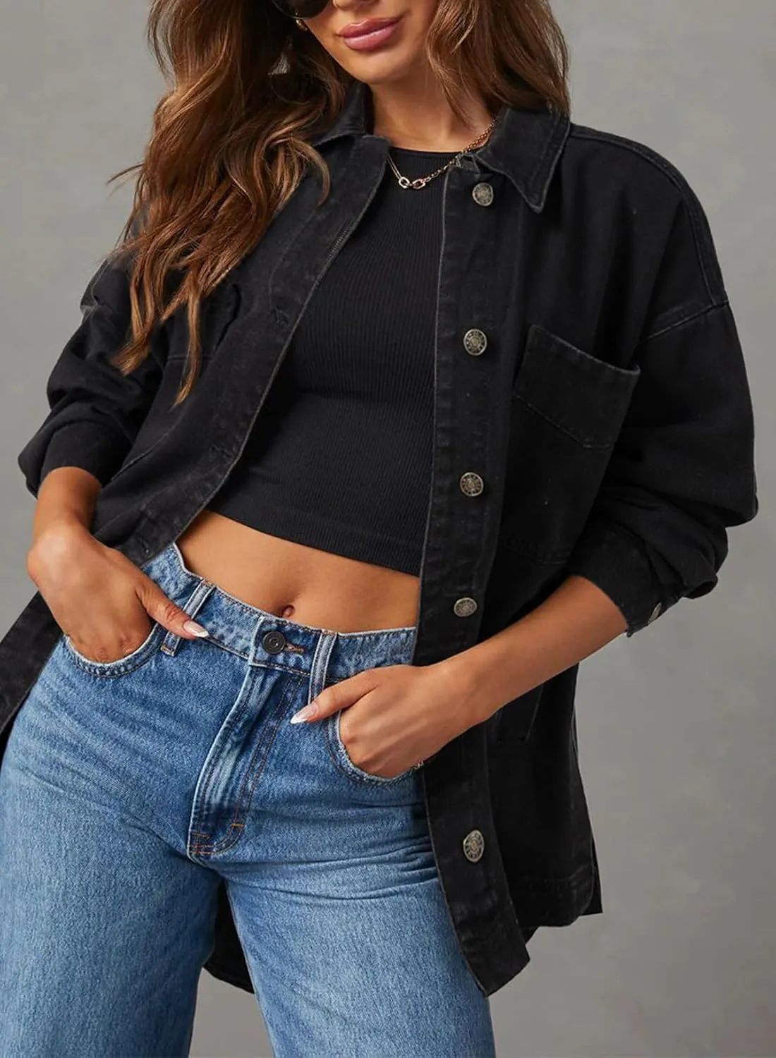 Sidefeel Women's Jean Jacket Oversized Boyfriend Button Up Long Sleeve Split Zimbaplatinum Denim Jackets