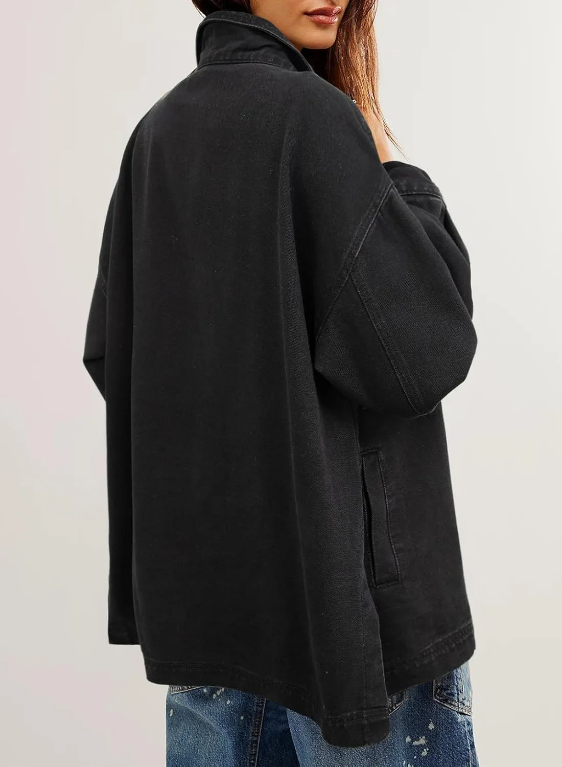 Sidefeel Women's Jean Jacket Oversized Boyfriend Button Up Long Sleeve Split Zimbaplatinum Denim Jackets
