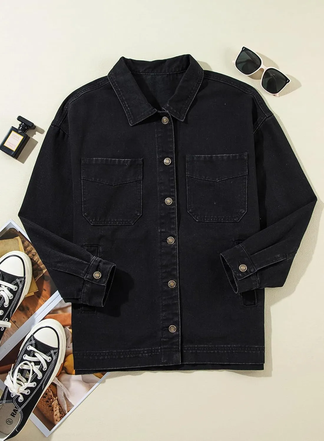 Sidefeel Women's Jean Jacket Oversized Boyfriend Button Up Long Sleeve Split Zimbaplatinum Denim Jackets