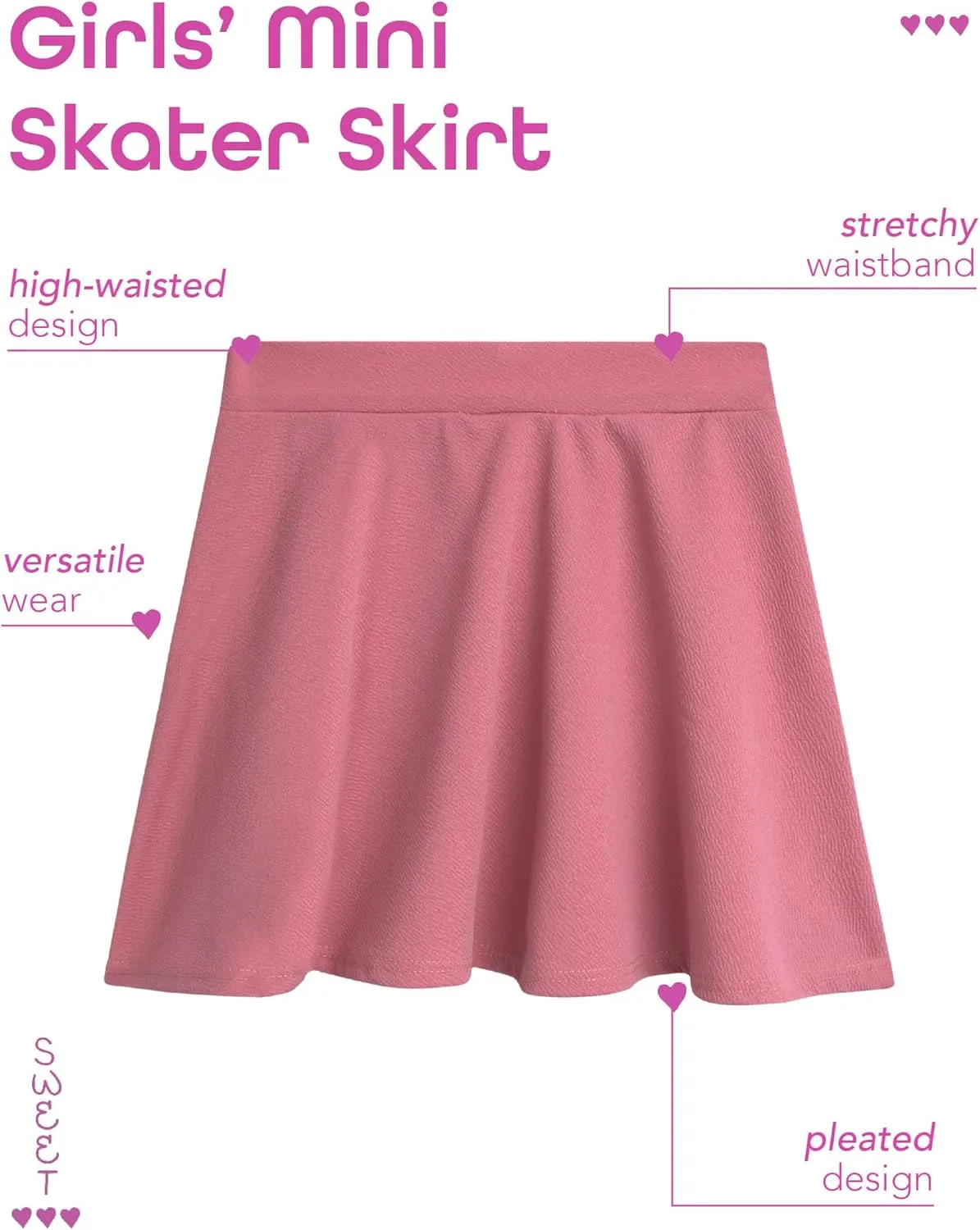 Sweet Hearts Girls Skater Skirt - High Waist Stretch Flare Pleated Mini Uniform Skirts for Girls: Made in USA (Sizes: 5-18)