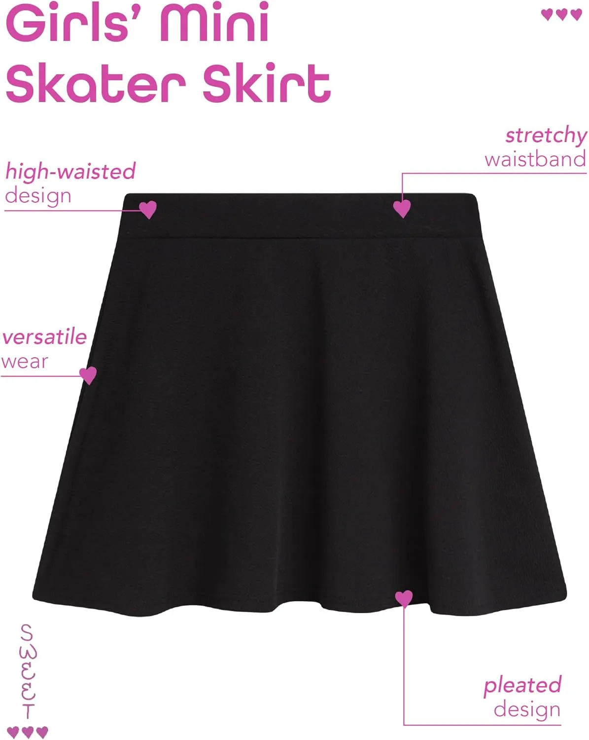 Sweet Hearts Girls Skater Skirt - High Waist Stretch Flare Pleated Mini Uniform Skirts for Girls: Made in USA (Sizes: 5-18)