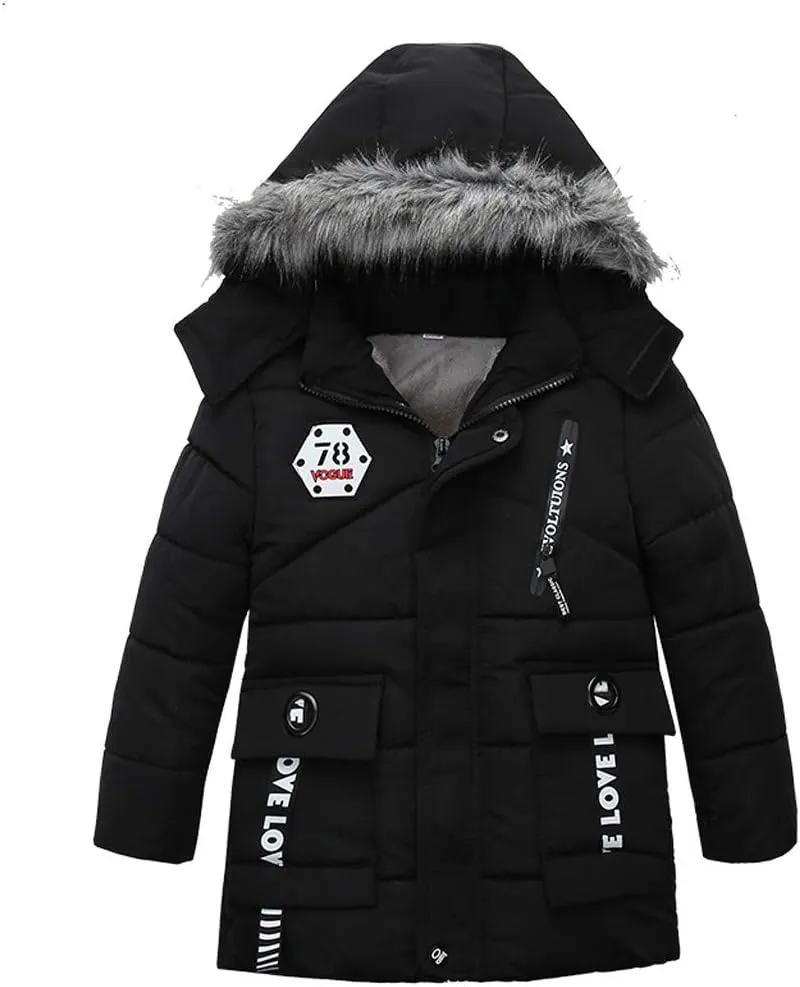 Toddler Boys Girls Down Jacket Fur Hood Thick Warm Winter Coat Parka Kids Fleece Lined Quilted Padded Jacket Coat