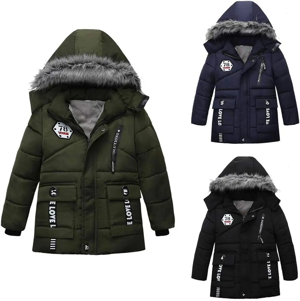 Toddler Boys Girls Down Jacket Fur Hood Thick Warm Winter Coat Parka Kids Fleece Lined Quilted Padded Jacket Coat