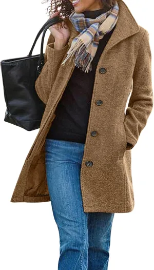 utcoco Women's Casual Thicken Single Breasted Pea Coat Stand Collar Mid Long Wool Coats with Pockets