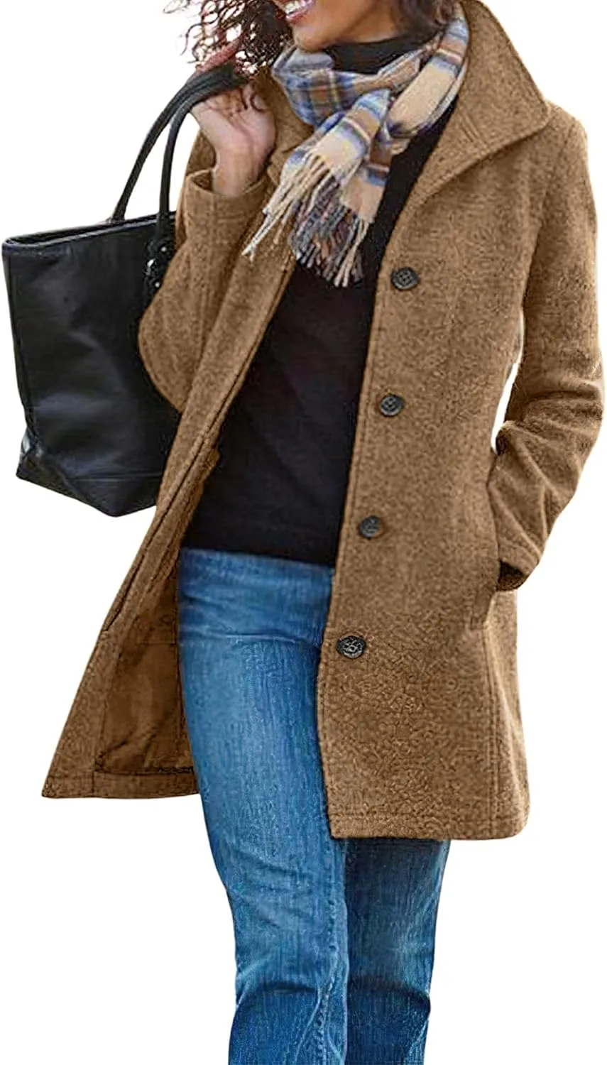 utcoco Women's Casual Thicken Single Breasted Pea Coat Stand Collar Mid Long Wool Coats with Pockets