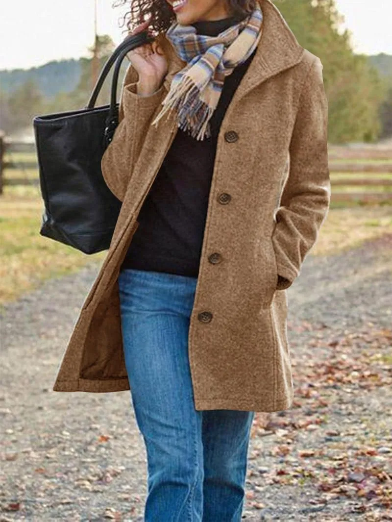 utcoco Women's Casual Thicken Single Breasted Pea Coat Stand Collar Mid Long Wool Coats with Pockets