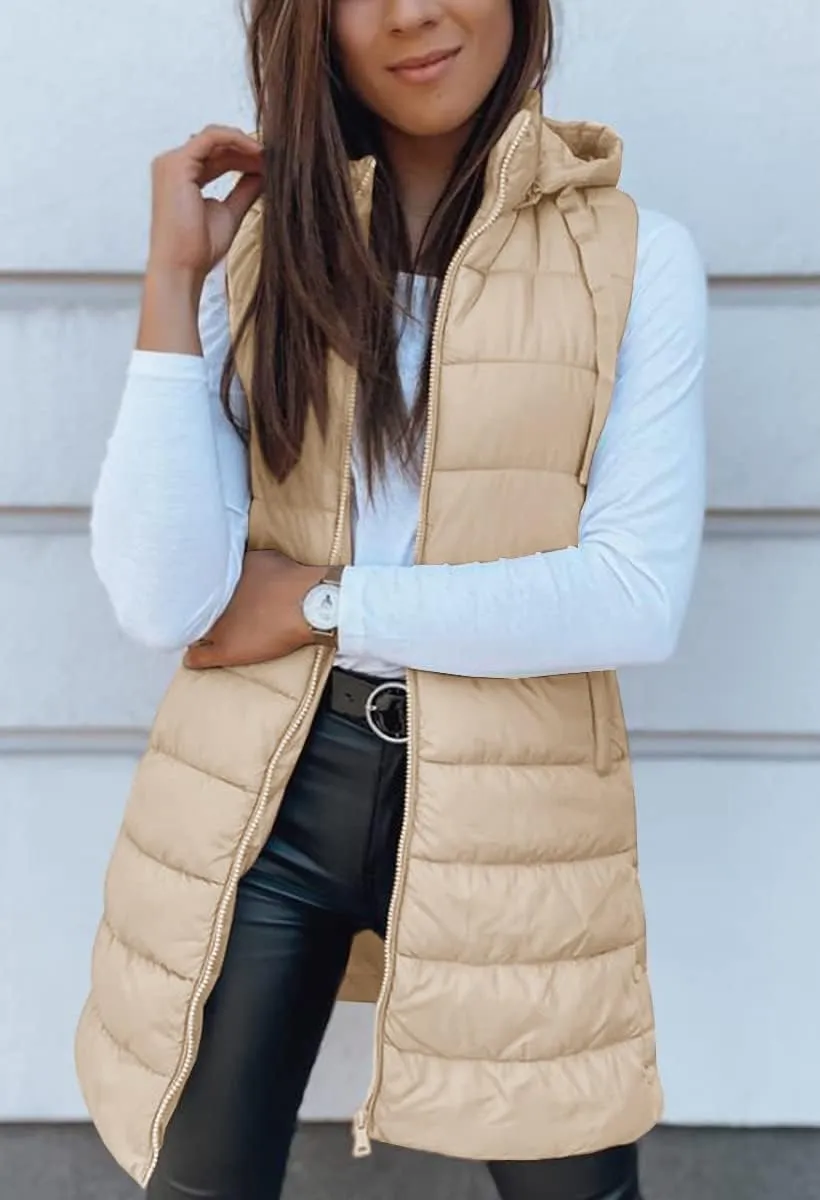 Veatzaer Women Long Vest Solid Color Sleeveless Hood Winter Puffer Vest Outwear