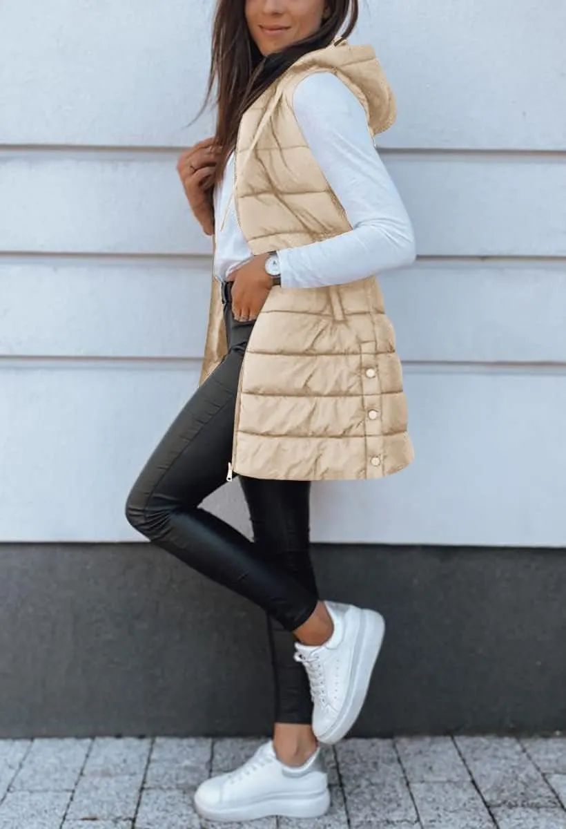 Veatzaer Women Long Vest Solid Color Sleeveless Hood Winter Puffer Vest Outwear