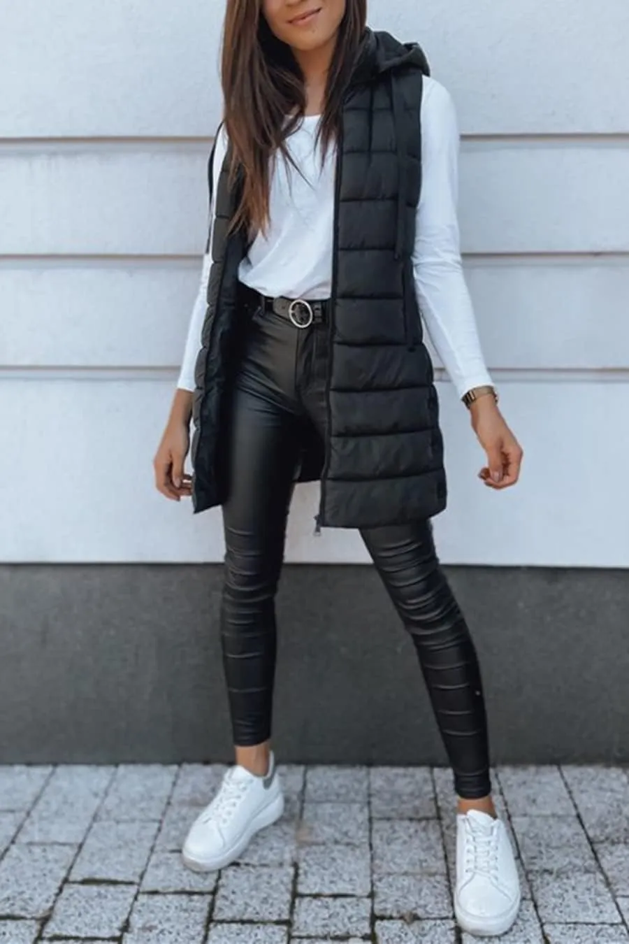 Veatzaer Women Long Vest Solid Color Sleeveless Hood Winter Puffer Vest Outwear