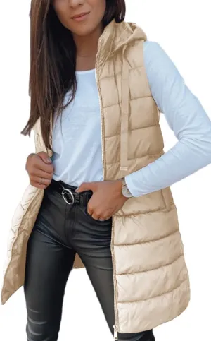 Veatzaer Women Long Vest Solid Color Sleeveless Hood Winter Puffer Vest Outwear