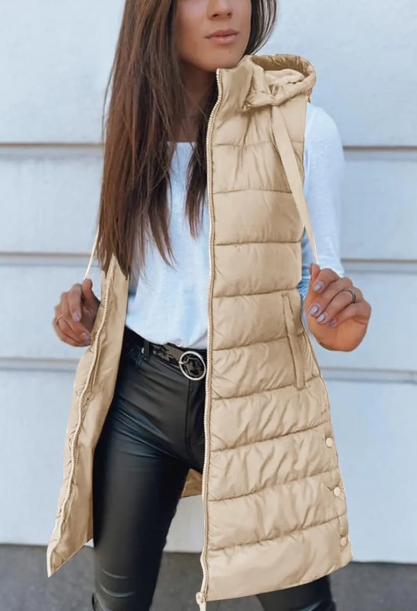 Veatzaer Women Long Vest Solid Color Sleeveless Hood Winter Puffer Vest Outwear