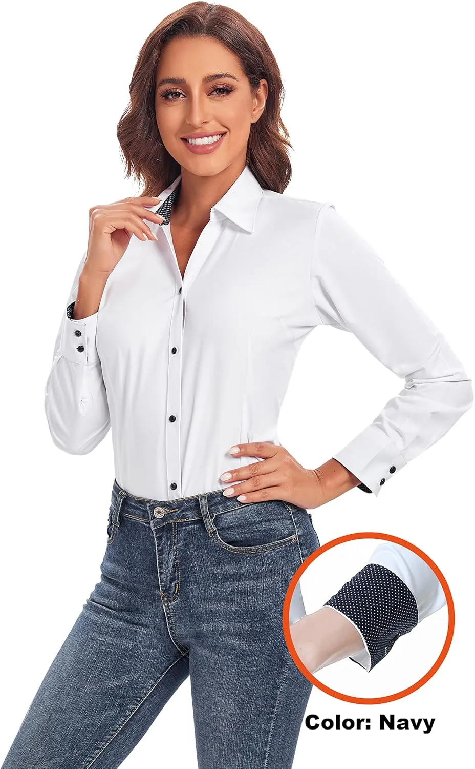 WARHORSEE Womens Button Down Shirt Long Sleeve Work Dress Shirts, V Neck Easy Care Stretchy Business Casual Blouses for Women