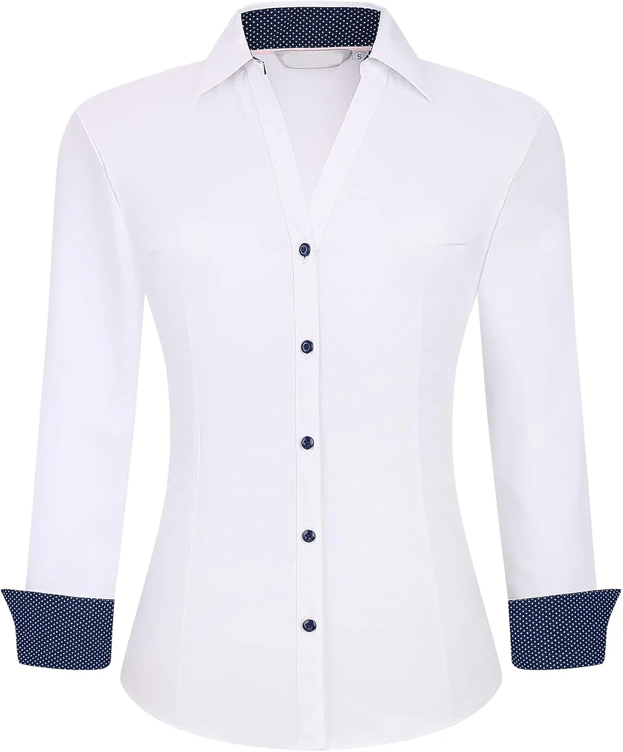 WARHORSEE Womens Button Down Shirt Long Sleeve Work Dress Shirts, V Neck Easy Care Stretchy Business Casual Blouses for Women