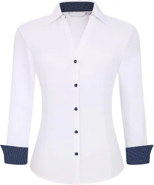 WARHORSEE Womens Button Down Shirt Long Sleeve Work Dress Shirts, V Neck Easy Care Stretchy Business Casual Blouses for Women