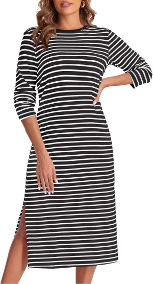 Wenrine Womens Striped Midi Dress Casual Long Sleeve Side Slit Loose T Shirt Dresses