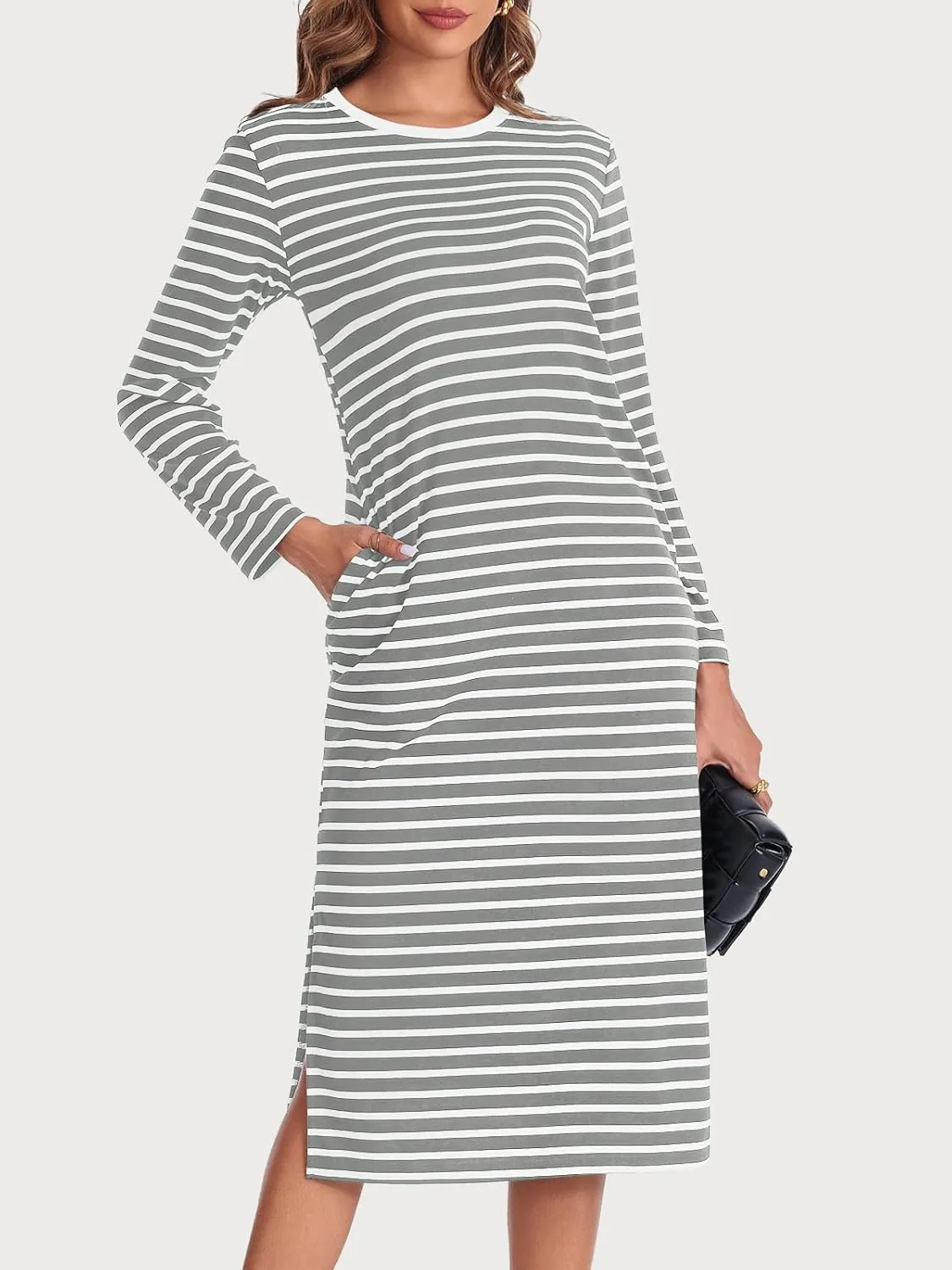 Wenrine Womens Striped Midi Dress Casual Long Sleeve Side Slit Loose T Shirt Dresses