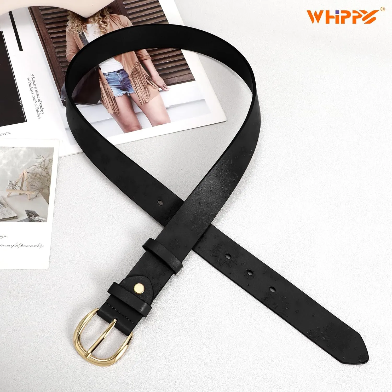 WHIPPY Women Leather Belt with Gold Buckle Fashion Laides Casual Waist Belt for Jeans Pants Dresses