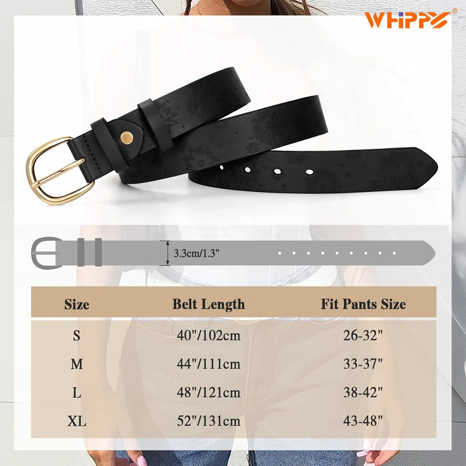 WHIPPY Women Leather Belt with Gold Buckle Fashion Laides Casual Waist Belt for Jeans Pants Dresses