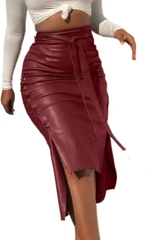 Women 's Faux Leather Pencil Skirt High Waist Button Slit Bodycon Hip-Wrapped Skirt with Belt