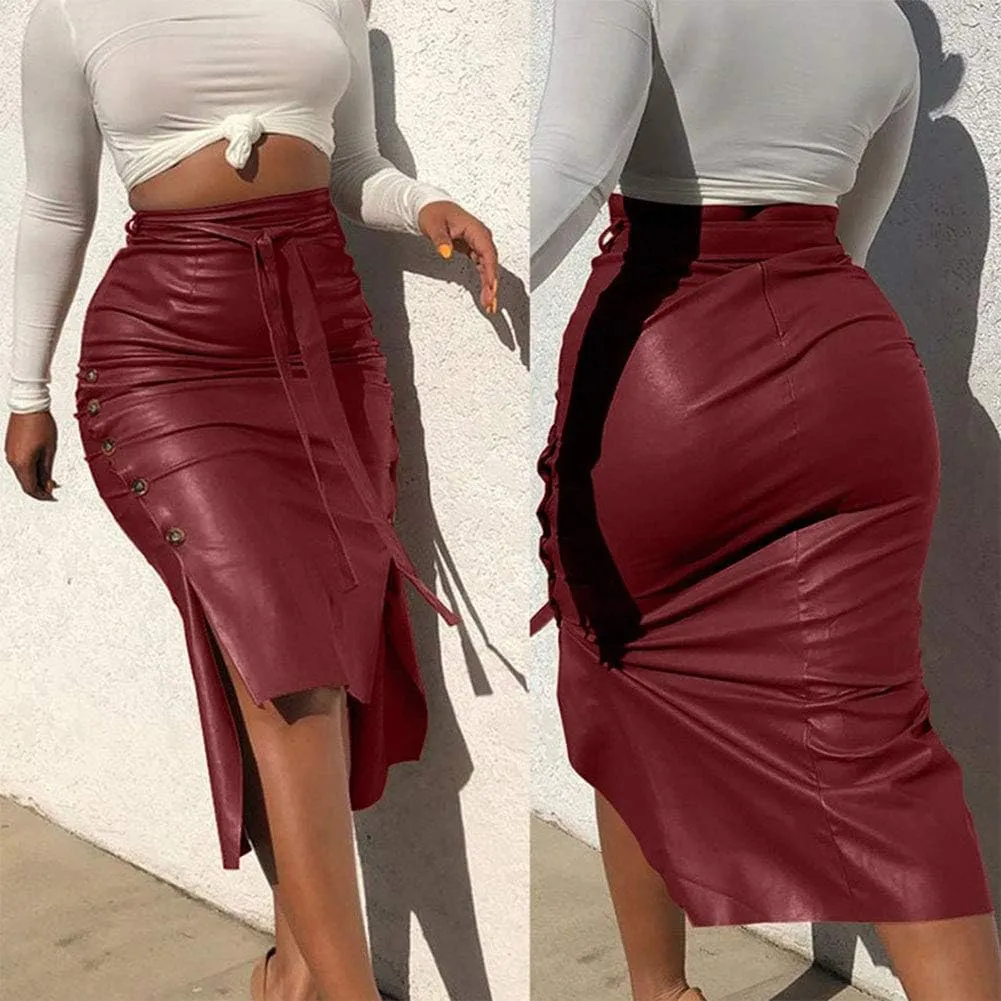 Women 's Faux Leather Pencil Skirt High Waist Button Slit Bodycon Hip-Wrapped Skirt with Belt