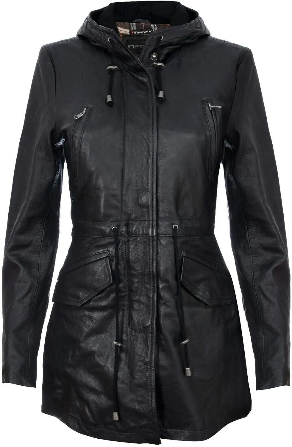 Women's Leather Parka Jacket Quilted Detachable Hooded Trench Coat