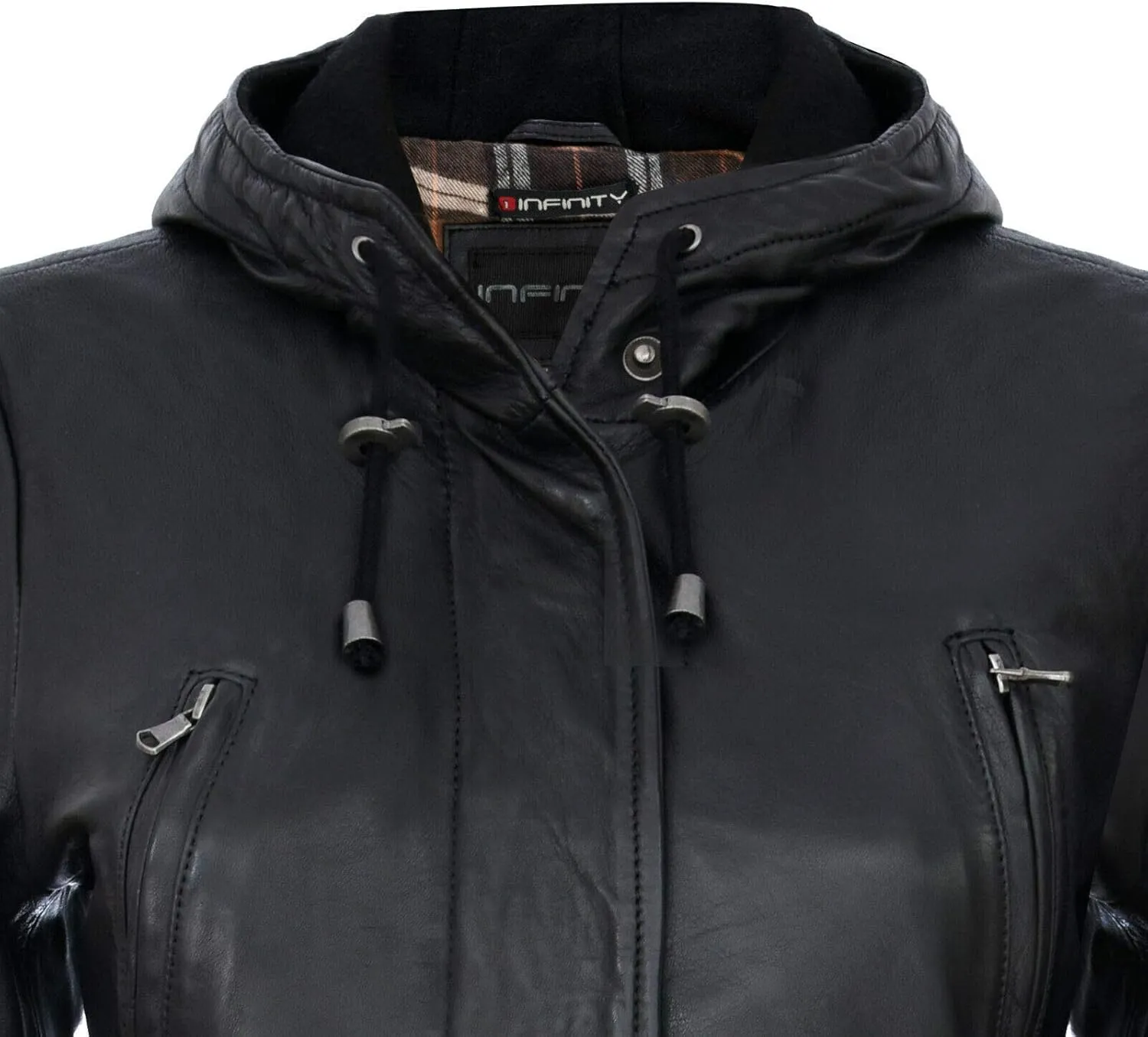 Women's Leather Parka Jacket Quilted Detachable Hooded Trench Coat