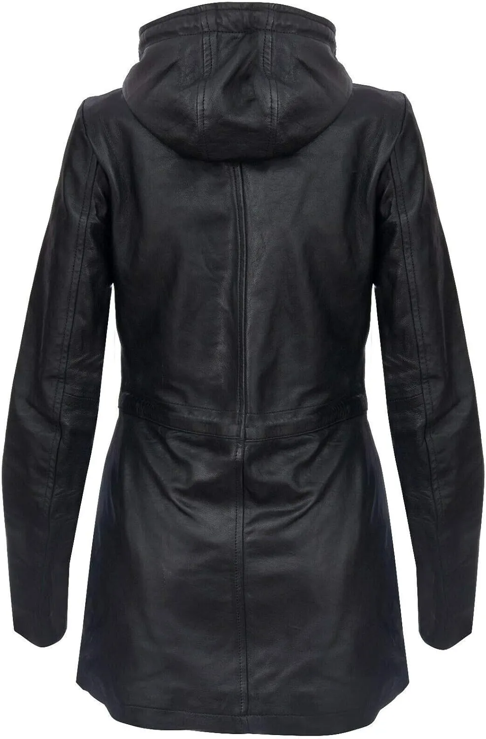 Women's Leather Parka Jacket Quilted Detachable Hooded Trench Coat