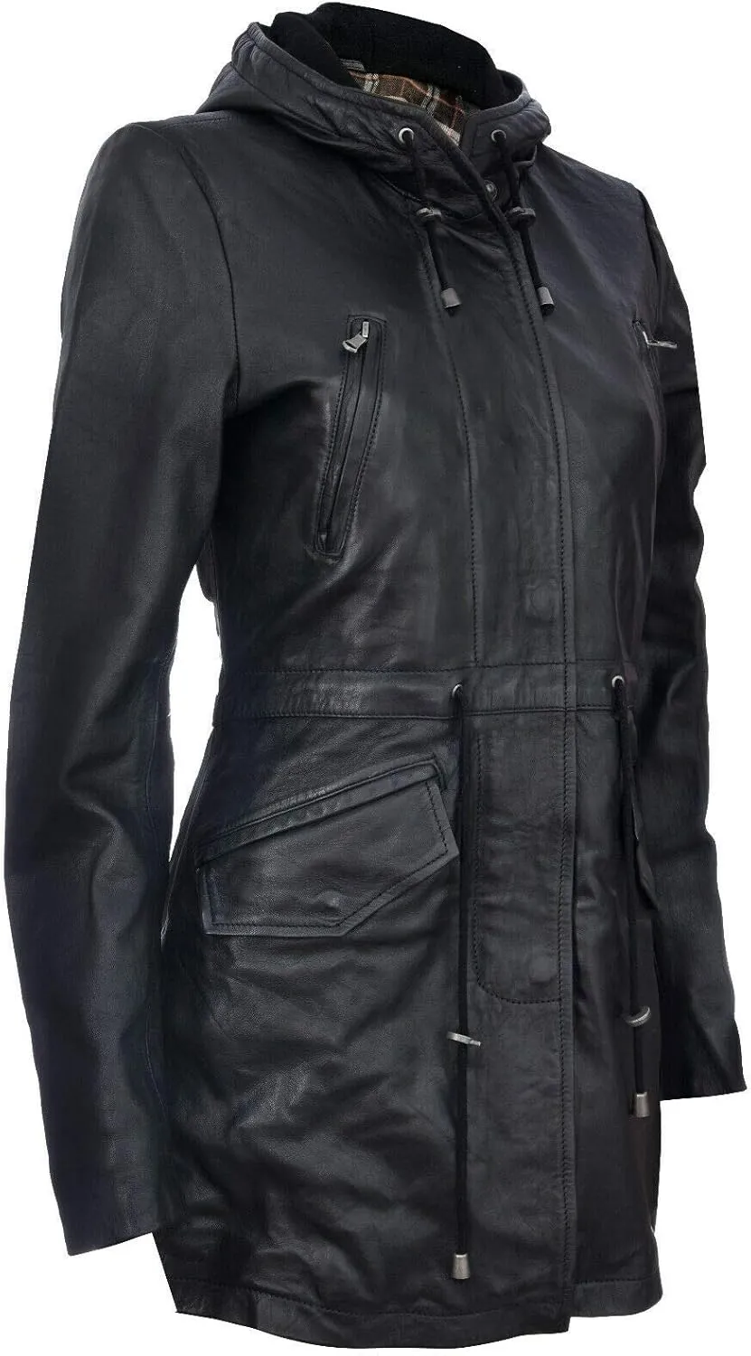 Women's Leather Parka Jacket Quilted Detachable Hooded Trench Coat