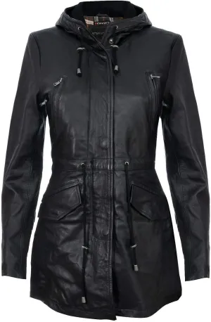 Women's Leather Parka Jacket Quilted Detachable Hooded Trench Coat