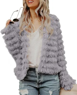 Womens Open Front Faux Fur Cardigan Vintage Parka Shaggy Jacket Coat
