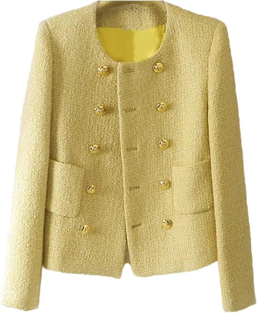 Women's Winter Double Breasted Woolen Coat Slim Fit Fashion Short Knitted Thick Tweed Suit Jacket Blazer Yellow, Large